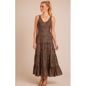 Coline Drop Waist Tiered Smock Back Floral Maxi Dress in Olive Purple Silver S/M